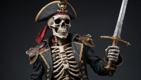 A skeletal pirate captain, dressed in a black coat adorned with gold trim and a red bandana, stands with his bony hand gripping a sword. His skull face stars ahead with a determined expression, highlighting his menacing presence. The background is a dark, simple setting, allowing the skeletal figure to stand out in stark contrast.の素材
