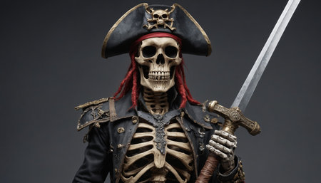 A skeletal pirate captain, dressed in a black coat adorned with gold trim and a red bandana, stands with his bony hand gripping a sword. His skull face stars ahead with a determined expression, highlighting his menacing presence. The background is a dark, simple setting, allowing the skeletal figure to stand out in stark contrast.の素材