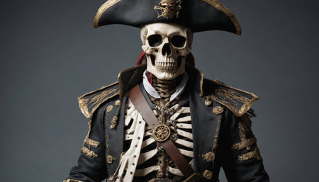 A close-up portrait of a skeletal pirate, adorned in a black coat with gold trim and a tricorn hat with skull and crossbones insignia. His hollow eyes seem to stare into the distance, conveying a sense of timeless vigilance and eerie majesty.の素材