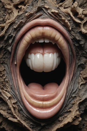 The image depicts a close-up of a mouth, seemingly carved from bark. The mouth is open, revealing white teeth and a dark void behind. The detailed carving of the bark texture adds to the eerie and mysterious nature of the artwork.の素材