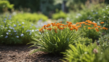 A close-up view of a patch of orange flowers blooming in a lush garden. The flowers are in full bloom and their vibrant color stands out against the green foliage. The sunlight shines through the leaves, creating a warm and inviting atmosphere.の素材