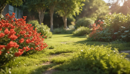 A close-up shot of vibrant red flowers in full bloom, showing the beauty of a summer garden. The flowers are clustered together, creating a visually striking display of color against the backdrop of lush green foliage. The soft focus of the background emphasizes the delicate beauty of the flowers in the foreground.の素材