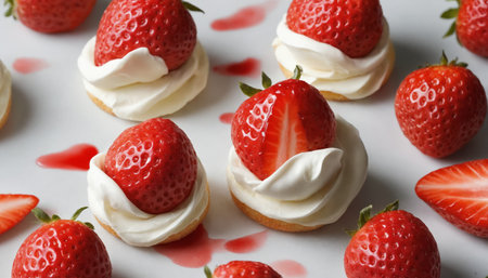 A close-up shot captures a white surface adorned with a delightful arrangement of strawberries, each meticulously topped with a dollop of fluffy whipped cream. The bright red strawberries contrast beautifully against the creamy white swirls, creating a visually appealing and tempting snack.の素材