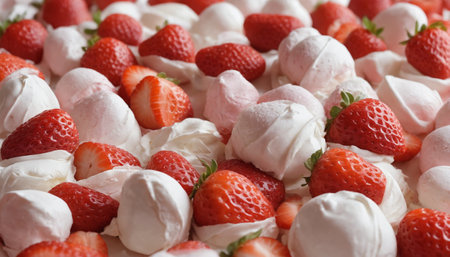 A close-up shot showcasing an array of freshly made meringue cookies topped with plump, red strawberries and a generous dollop of whipped cream. The bright colors and delicate textures create a visually appealing and delicious display, perfect for a summer gathering or special occasion.の素材