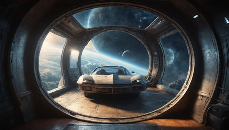 A futuristic spaceship with large windows looks out onto a distant planet. The spaceship is in a dark, metallic interior with a car parked in the center. The planet is visible through the windows, as there are other stars and planets in the background.の素材