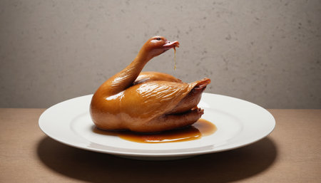 A roasted duckling rests on a white plate, its glistening skin reflecting the warm light. The ducklings neck is gracefully curved, and its beak is slightly open, as if it is taking a last sip of the savory sauce that surrounds it. The sauce is a rich brown, and it has pooled around the duckling, creating a beautiful and inviting centerpiece.の素材
