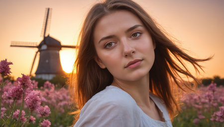 A young woman with long brown hair looks directly at the camera, her face illuminated by the golden light of the setting sun. A windmill stands in the background, blades silhouetted against the fiery sky.の素材