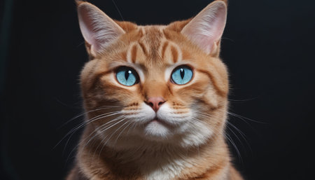 A close-up portrait of a ginger cat with striking blue eyes looking directly at the camera. The cats fur is a rich orange color, and its white whiskey stand out against the dark background.の素材