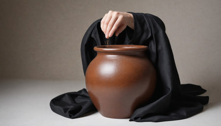 A single hand, cloaked in black fabric, reaches into a large, brown clay pot, with only the fingers visible. The scene is set against a plain, light gray background, creating a sense of mystery and intrigue.の素材