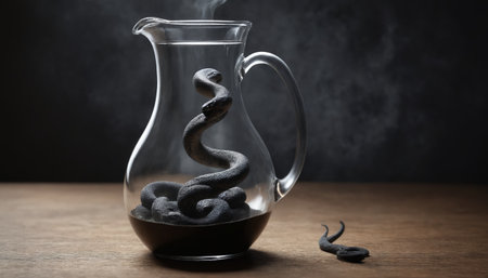 A black snake is coiled inside a glass pitcher filled with dark liquid, its form obscured by swirling smoke. The pitcher sits on a wooden surface, with a small part of another snake visible nearby, adding to the eerie atmosphere.の素材