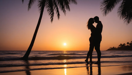 A couple stands embraced on a sandy beach at sunset, their silhouettes outlined against the vibrant orange and purple sky. Palm trees sway gently in the breeze, and the ocean waves lap softly at the shore.の素材