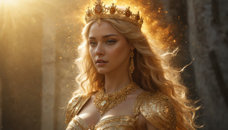 A woman with long blonde hair, wearing a golden crown and ornate jewelry, stands amidst a backdrop of shimmering light and soft-focus. Her gaze is intense, conveying a sense of power and authority.の素材
