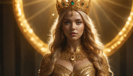 A woman with long blonde hair wears a golden crown and ornate jewelry. She stands against a background of soft golden light, creating a celestial aura around her. Her eyes are captivating and her expression is regal, suggesting power and majesty.の素材
