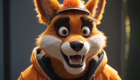 A close-up shot of a friendly, anthropomorphic fox wearing a bright orange hoodie. The fox is looking directly at the camera with a bright, welcoming smile. The fur appears soft and fluffy. The image is well-lit, with a warm spotlight illuminating the fox from behind.の素材