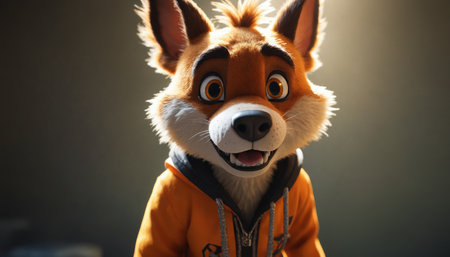 A close-up shot of a friendly, anthropomorphic fox wearing a bright orange hoodie. The fox is looking directly at the camera with a bright, welcoming smile. The fur appears soft and fluffy. The image is well-lit, with a warm spotlight illuminating the fox from behind.の素材