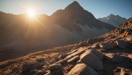 A stunning sunrise bathes the rocky mountain slopes in a warm, golden glow. The suns rays pierce through the clouds, casting long shadows across the rugged terrain. The peaks of the mountains rise high in the distance, creating a breathtaking and majestic landscape.の素材