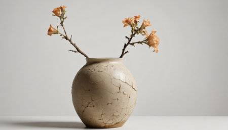 A simple yet elegant still life photograph featuring a white ceramic vase with a cracked glaze, filled with delicate orange-colored blooms. The vase is positioned on a white surface against a plain white background, creating a minimalist and timeless aesthetic.の素材