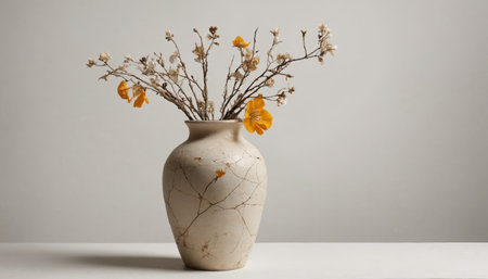 A single flower arrangement consisting of orange blossoms with brown stems in a white, cracked vase. The vase sits on a plain, white surface against a simple white wall backdrop. The minimal setup emphasizes the elegance of the delicate, wilting flowers.の素材