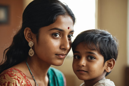 Intimate Moments: Adult and Child in Traditional Maroon Garmentsの素材