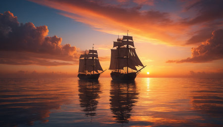 Silhouettes of sailboats against a vibrant sunset skyの素材