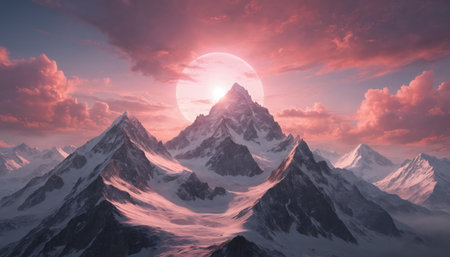 The image captures the breathtaking sight of a snowy mountain range bathed in the soft glow of a sunset. Pink clouds billow across the sky, while a bright moon peeks through the clouds, illuminating the peaks of the mountains.の素材