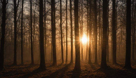 Sunlight streams through the trees in a deciduous forest, casting long shadows on the ground. The forest floor is covered in fallen leaves and the sun is setting, creating a warm golden glow.の素材