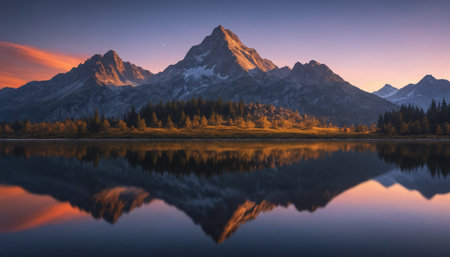 A serene alpine lake reflects the majestic silhouette of a snow-capped mountain range, bathed in the warm hues of sunrise. The foreground features a tranquil lake surface, while the background showcases the towering peaks and a lush forest lining the shoreline.の素材