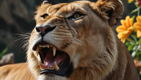 A fierce lioness, her mane ruffled by the wind, bares her teeth in a powerful roar. Her eyes gleam with intensity, and her sharp canines are visible as she lets out a primal sound. A blur of golden yellow flowers provides a vibrant backdrop for this stunning display of feline strength.の素材