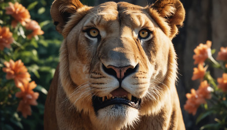 A lioness sits calmly in a shaded enclosure, her gaze fixed directly on the viewer. Her golden eyes pierce the camera lens, while her fur gleams with a soft, golden sheen. The light dances on her face, creating subtle shadows and highlighting her striking features.の素材