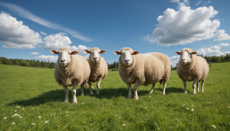A flock of sheep graze peacefully in a lush green pasture under a bright blue sky dotted with puffy white clouds and a large, dramatic gray cloud. The sheep are all white and fluffy, with some facing the camera while others look away. The grass is a vibrant green and there are a few small flowers scattered throughout the field.の素材
