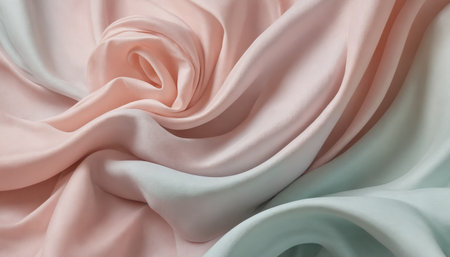 A close-up shot of soft, flowing silk fabric in shades of pink and mint. The fabric is draped in delicate folds, creating a sense of warmth and elegance. The subtle interplay of light and shadow adds depth and dimension to the image.の素材