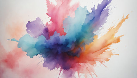 An abstract watercolor painting explodes with vibrant color, creating a dynamic composition. The painting features a central burst of teal, purple, and pink, with a splash of orange extending to the right. The colors blend seamlessly, creating a sense of movement and energy.の素材