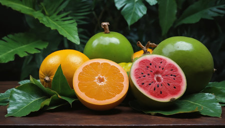 A lush green tropical still life with sliced watermelon, citrus, and exotic fruitsの素材