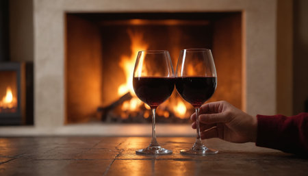 Two glasses of red wine are placed on a table in front of a roaring fireplace, with the warmth of the flames reflecting in the liquid and creating a cozy atmosphere. The person in the image is holding one of the glasses, ready to enjoy the evening's festivities.の素材