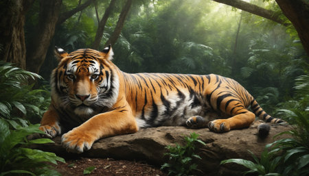 A magnificent tiger, with striking orange and black stripes, lies on a large rock in a dense jungle. The tiger's piercing gaze and powerful physique convey its dominance, while the surrounding lush foliage creates a sense of mystery and tranquility.の素材