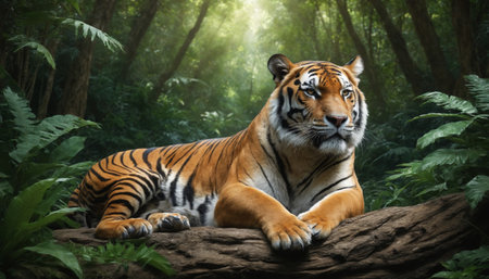A powerful tiger rests on a rocky outcropping amidst the dense foliage of a tropical rainforest. Its bright eyes, black stripes, and muscular body are striking against the vibrant green backdrop. The sun filters through the leaves, illuminating the tiger's coat with a warm glow.の素材