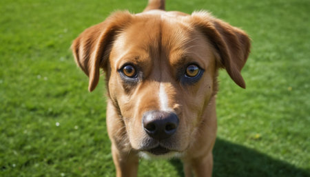 A golden brown dog with a white stripe down its nose stars intensely at the camera. Its brown eyes are wide with curiosity, and its mouth is slightly open, as if it is about to bark. The dog is standing on a lush green lawn, bathed in the warm sunlight of an afternoon.の素材