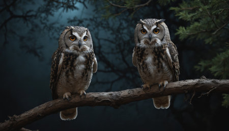 Two owls, with their large, golden eyes, sit perched on a branch, silhouetted against a dark forest background, illuminated by the soft glow of the moon. The owls appear to be observing something in the distance, their feathers fluffed up and their postures alert.の素材
