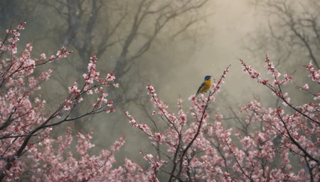 A small, brown and blue songbird perches on a branch of a cherry blossom tree, singing joyfully. The delicate pink flowers create a stunning backdrop, while another bird flies through the soft blue sky.の素材
