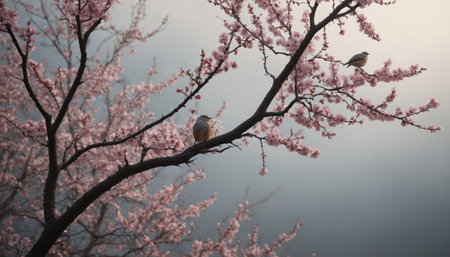 Four birds, each with a distinct plumage, perch on a branch adorned with delicate pink cherry blossoms. The soft light of dawn bathes the scene in a gentle warmth, while the birds seem to be engaged in a melodious conversation, their voices blending with the soft rustling of the leaves.の素材