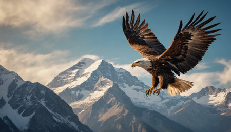 A bald eagle, its wings outstretched, soars through a cloudy sky above a breathtaking vista of snow-capped mountain peaks. The eagle appears to be in mid-flight, with its powerful talons extended, suggesting a graceful and powerful presence. The image evokes a sense of freedom, strength, and the majesty of nature.の素材