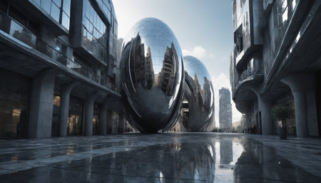 A long, metallic corridor with sleek, futuristic design. The walls are lined with large, rounded windows, giving glimpses into an unknown world. Bright, white lights run along the top of the corridor, casting a long, narrow shadow down the center. Two figures walk towards the end of the hallway, their silhouettes barely visible in the dim light.の素材