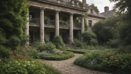 A stone path leads through a lush, overgrown garden towards a grand, aging mansion with a classical facade. The building is surrounded by greenery and vibrant flowers, creating a captivating scene of nature reclaiming its space. The path winds through the garden, inviting exploration and contemplation of the mansion's past.の素材