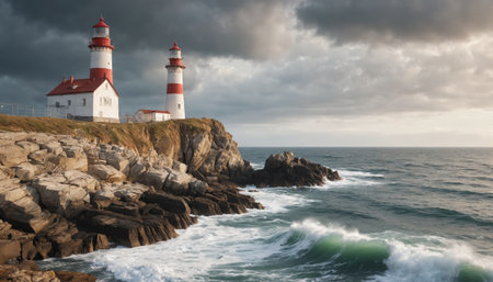 A pair of majestic lighthouses stand tall on a rugged coastline, their beacons shining brightly against a backdrop of churning waves and a dramatic, stormy sky. The ocean's fury crashes against the rocky shore, creating a scene of both power and resilience.の素材