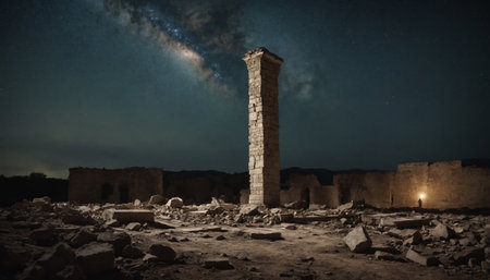 A lone figure stands in the middle of a destroyed city, surrounded by rubble and the remnants of buildings. The moon shines faintly overhead, casting long shadows across the desolate landscape.の素材