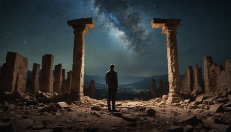 A single individual stands amidst the ruins of a once-grand structure, gazing upwards at the Milky Way stretching across the night sky. The scene is illuminated by the soft glow of the moon, casting long shadows on the debris and highlighting the contrast between the vastness of the cosmos and the remnants of human endeavors.の素材