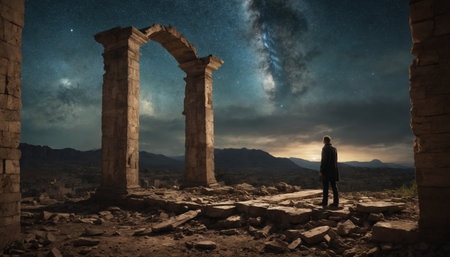A lone figure stands amidst the crumbling remnants of an ancient archway, silhouetted against the vibrant backdrop of the Milky Way. The vastness of the night sky and the weight of history converge in this powerful composition.の素材