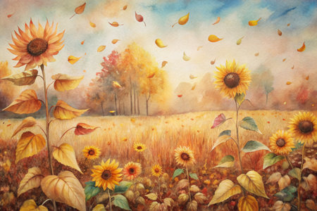 Golden sunflowers blooming in autumns gentle breezeの素材