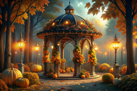A mystical gazebo, adorned with autumnal floral arrangements, stands amidst a golden forest bathed in the soft glow of lantern light. The air is alive with a magical ambiance as the setting sun casts long shadows, creating a scene of quiet tranquility.の素材