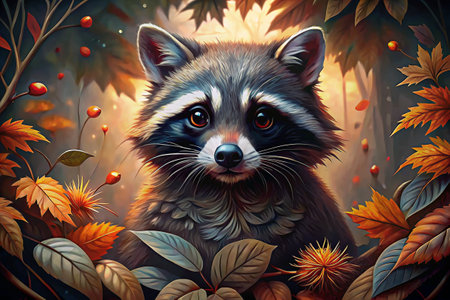 A raccoon with a black mask and dark eyes gazes inquisitively from behind a wall of vibrant autumn foliage. Its fur is a mix of brown, black, and white, and the leaves behind it are shades of red, orange, and yellow. A soft glow of sunlight shines through the trees, illuminating the scene.の素材